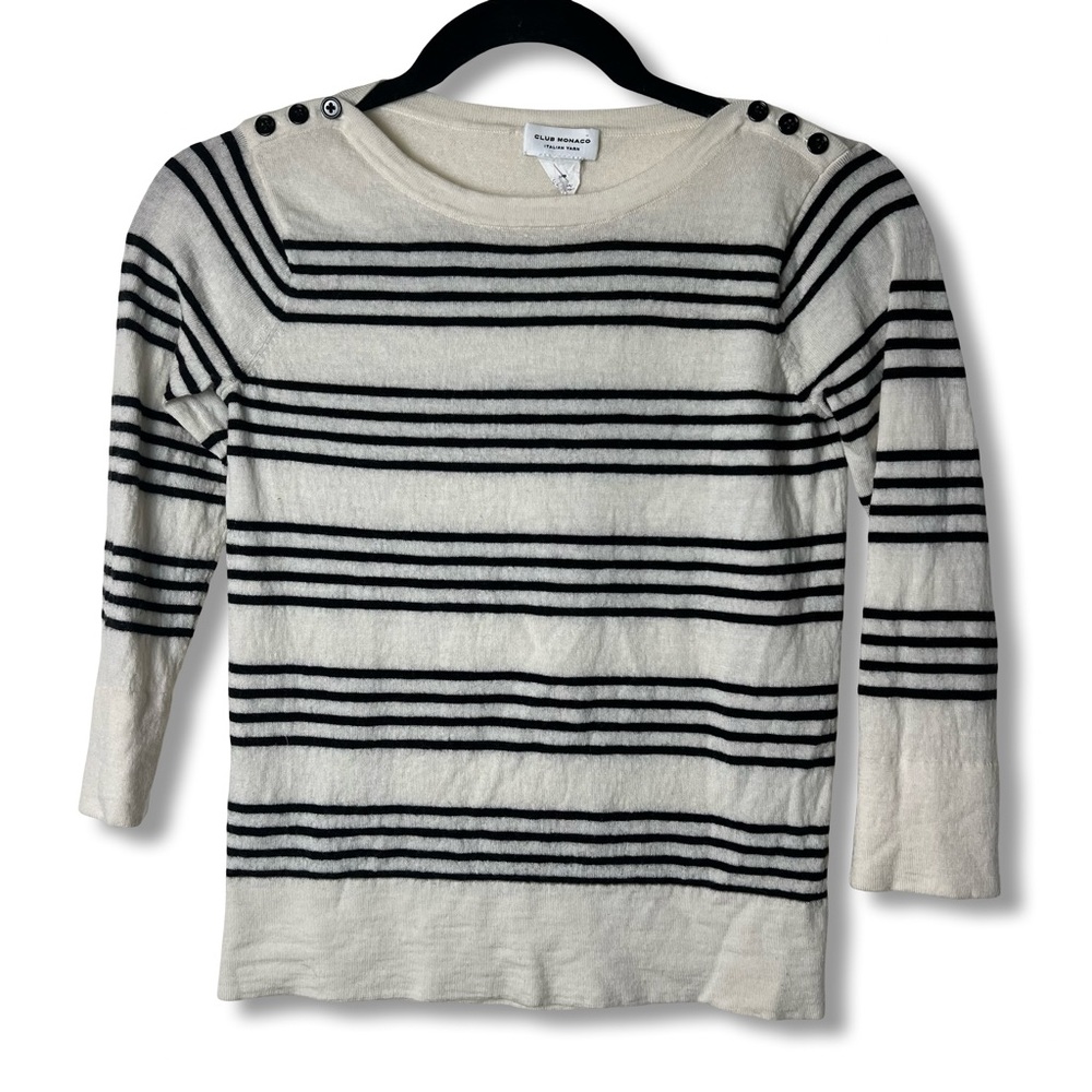 Club Monaco Italian Yarn 100% Wool Breton‎ Stripe Shoulder Button Sweater XS